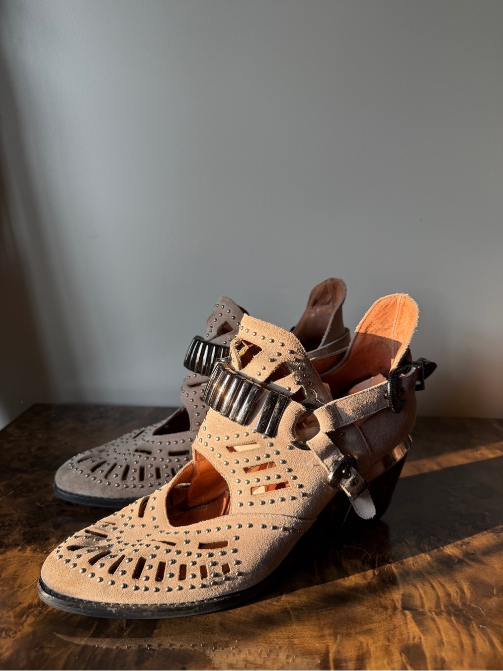Jeffrey Campbell "Calhoun" Taupe Cutout Suede Heels with Studded Buckle